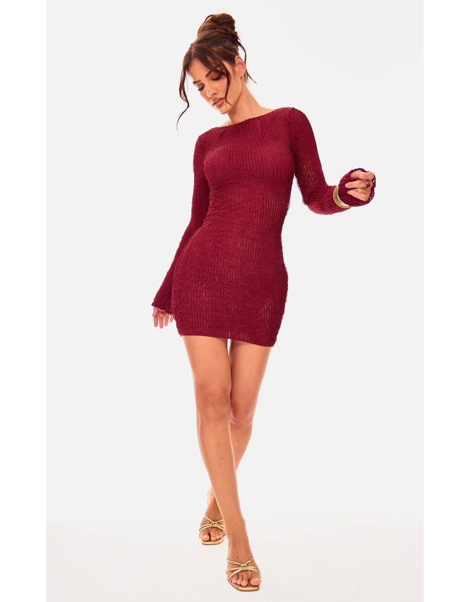 Cherry Red Textured Backless Tie Bodycon Dress