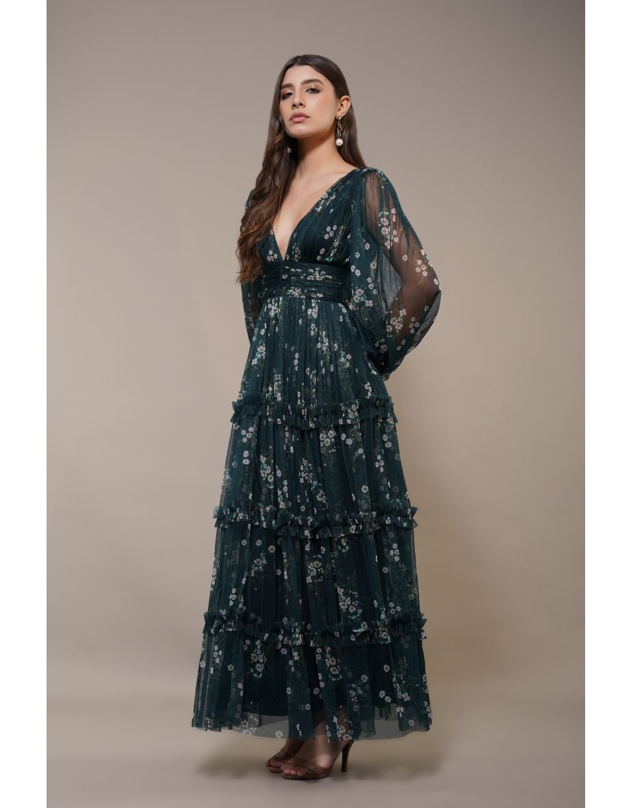 Lydia Maxi Dress in Emerald Floral