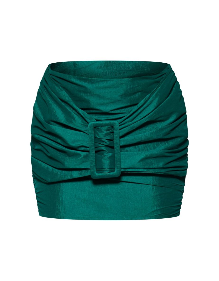 Emerald Green High Shine Buckle Detail Mini Skirt - 5