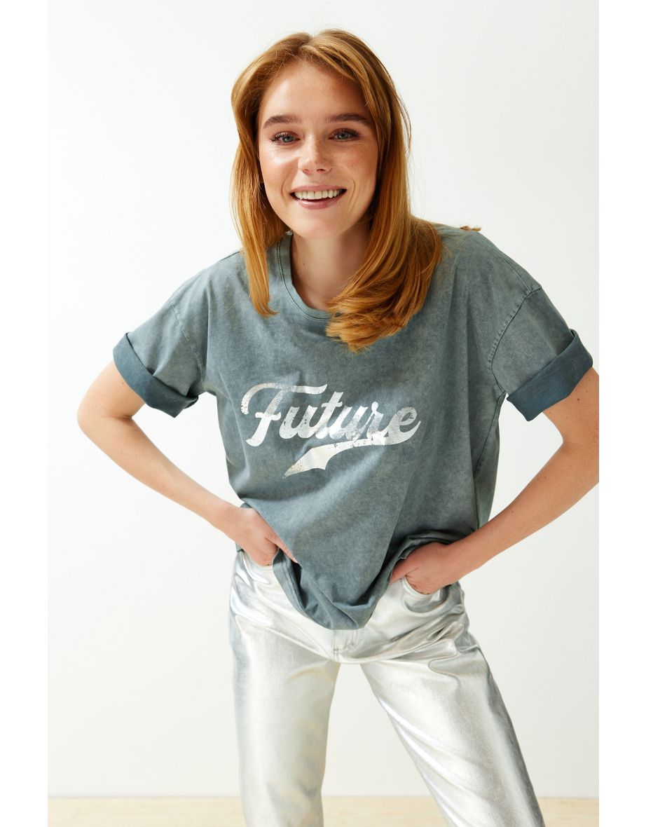 Gray Motto Printed Relaxed Crew Neck Washed Knitted T-Shirt