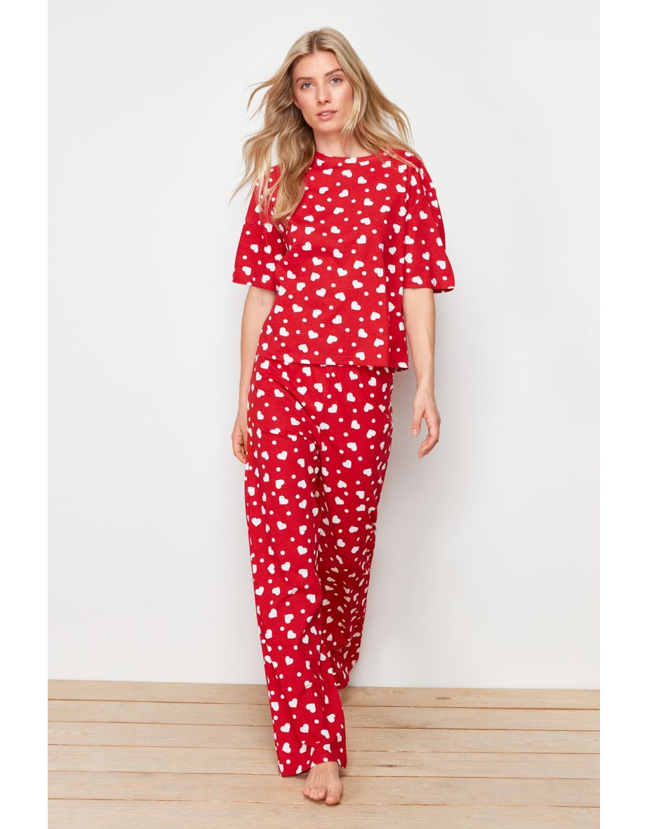 Red Heart Single Jersey Knitted Pajamas Set
