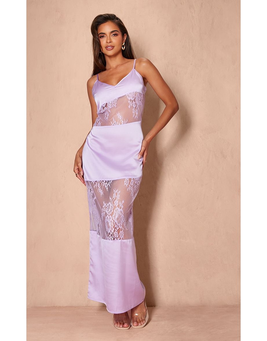 Lilac Satin Lace Insert Maxi Dress