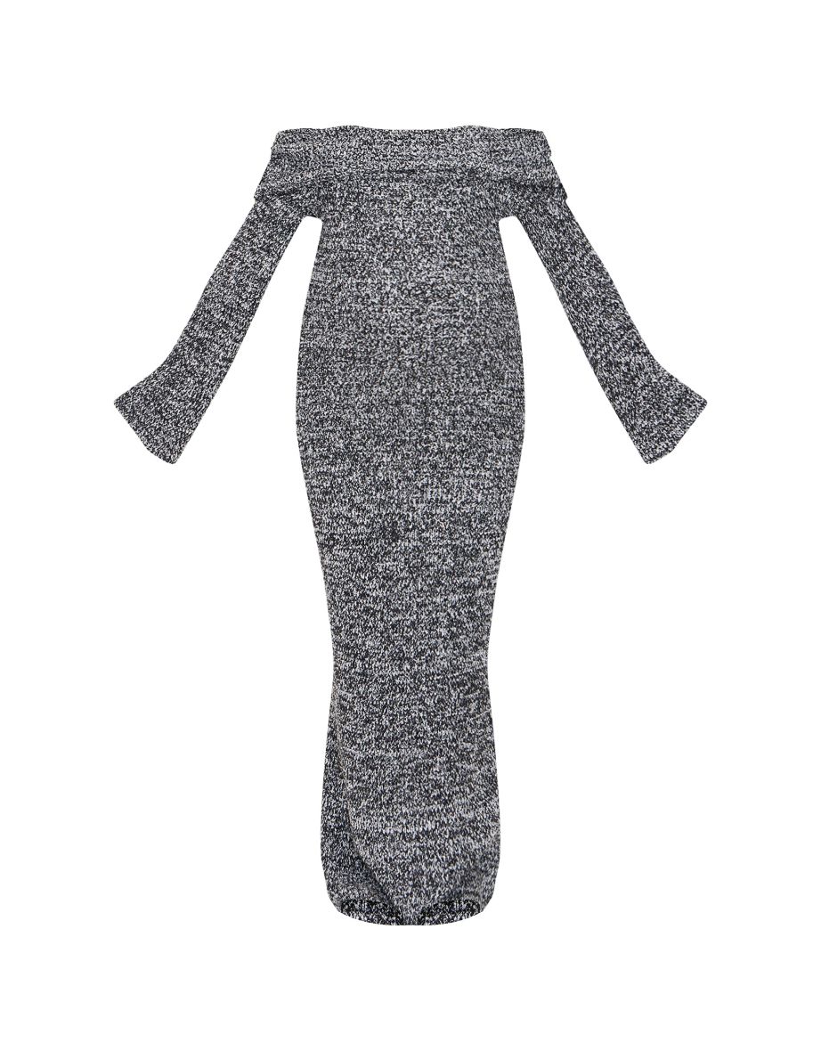 Maternity Grey Boucle Knit Long Sleeve Bardot  Dress - 4