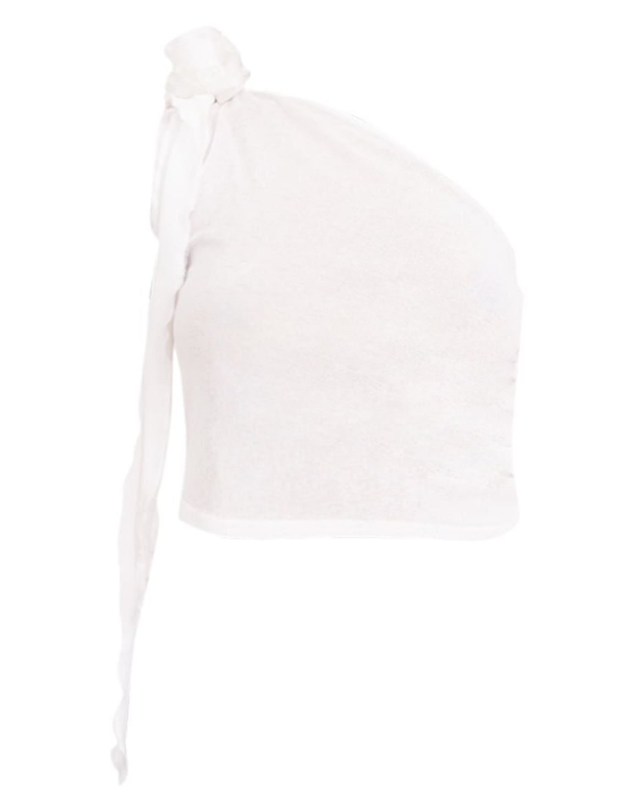 White Burnout Mesh Ruched Side Floral Applique One Shoulder Top - 4
