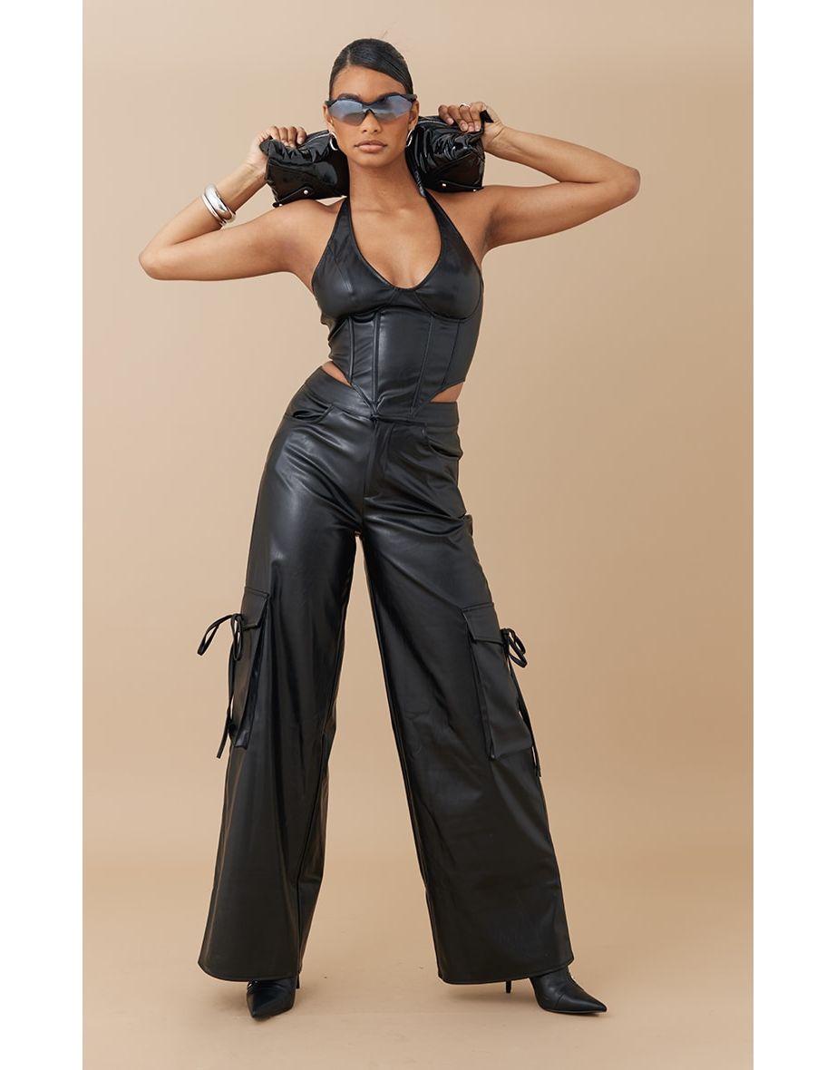 Black Faux Leather Straight Leg Cargos Trousers