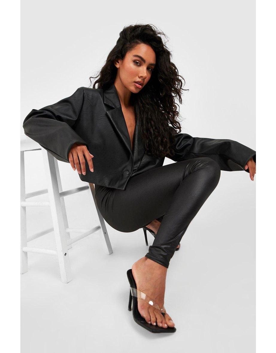 Waist Cinching Leather Look Leggings - black - 3
