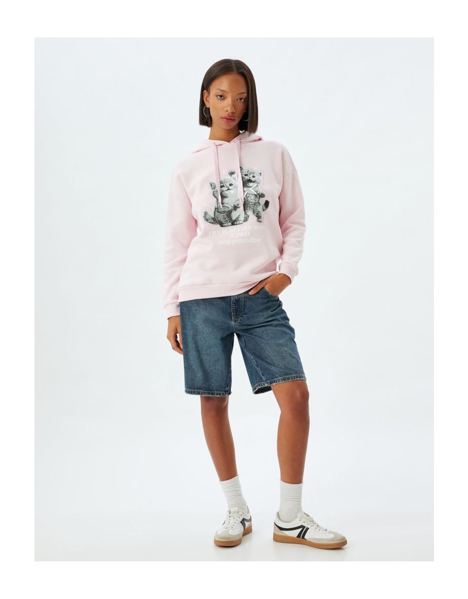 Kt - Cat Printed Hoodie  Ribbed Comfortable Fit