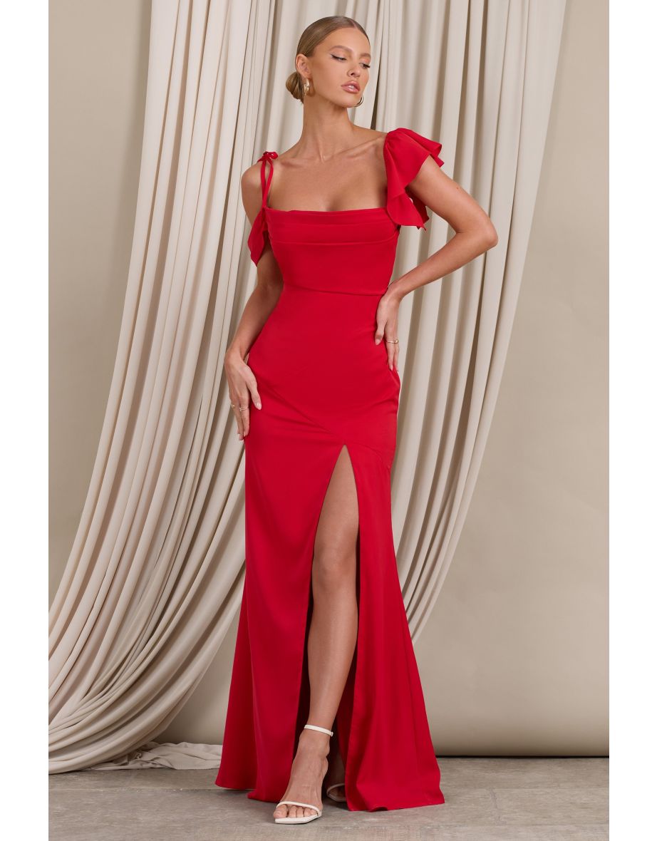 Merlot | Red Asymmetric Draped Split Maxi Dress - 4