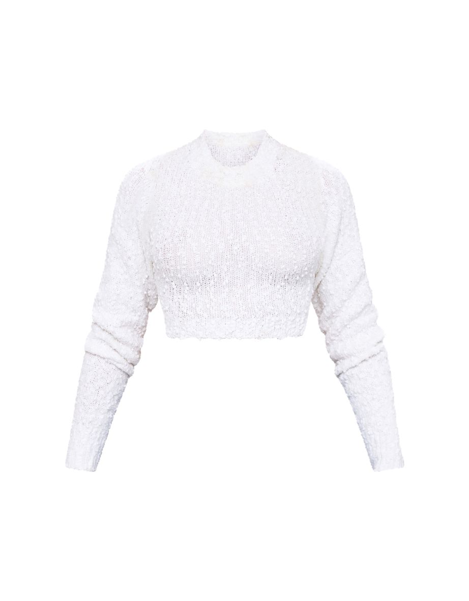 White Bobble Knit Open Tie Back Crop Jumper - 4