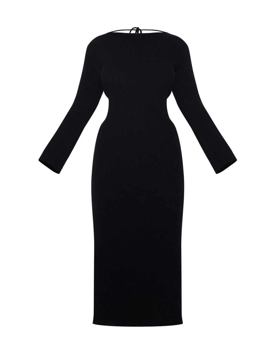 Plus Black Rib Knit Low Back Long Sleeve Maxi Dress - 4