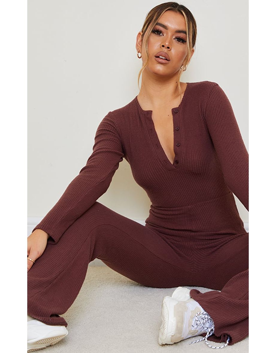 Chocolate Brushed Rib Button Front Long Sleeve Jumpsuit