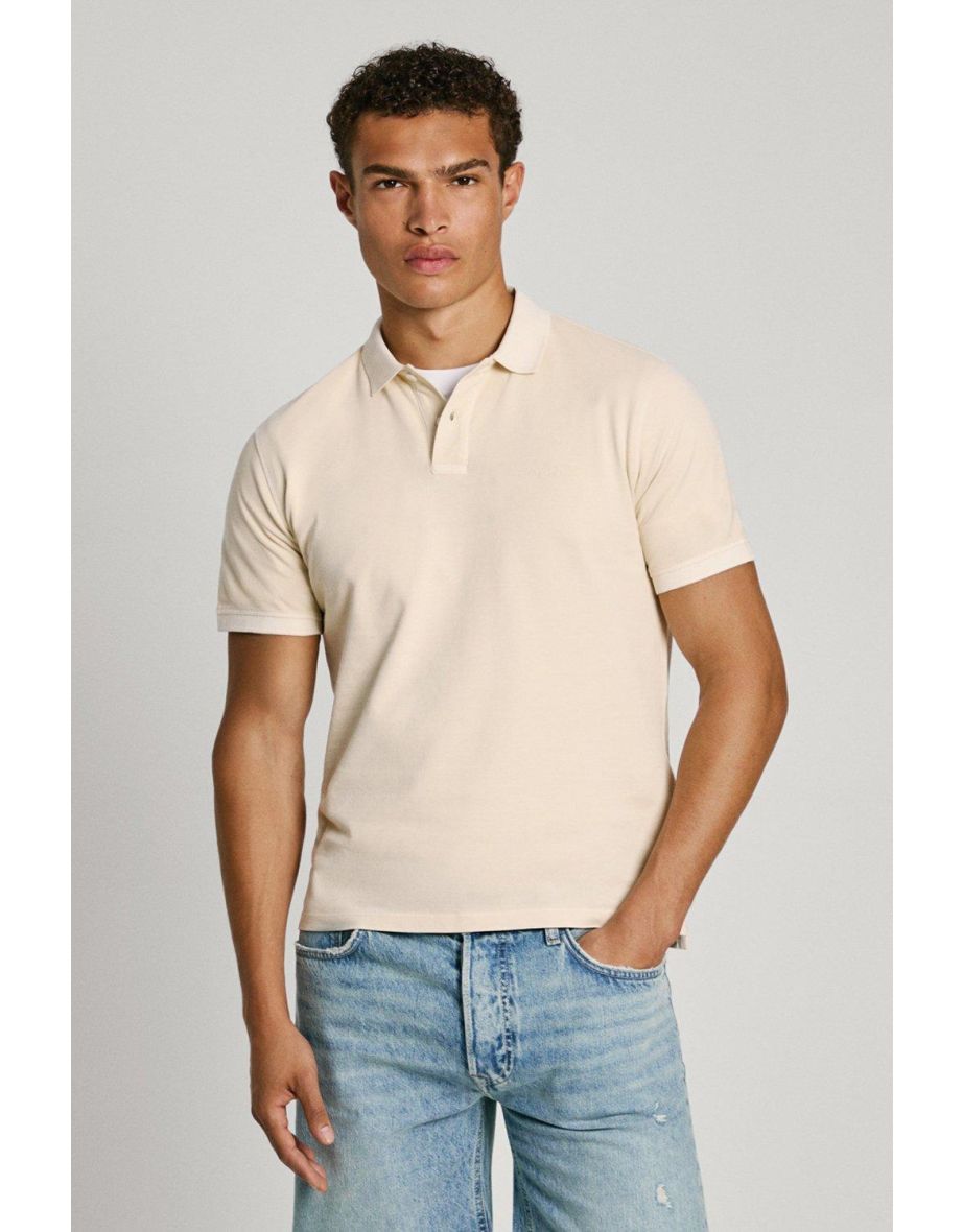 Pepe Jeans New Oliver Garment Dyed Small Logo Short Sleeve Polo Shirt Cream