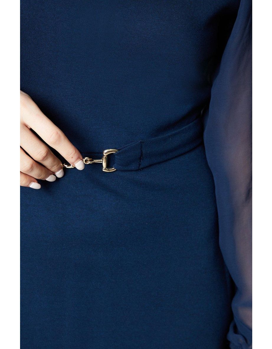Navy A-Line Midi Dress with Long Sleeve - 3