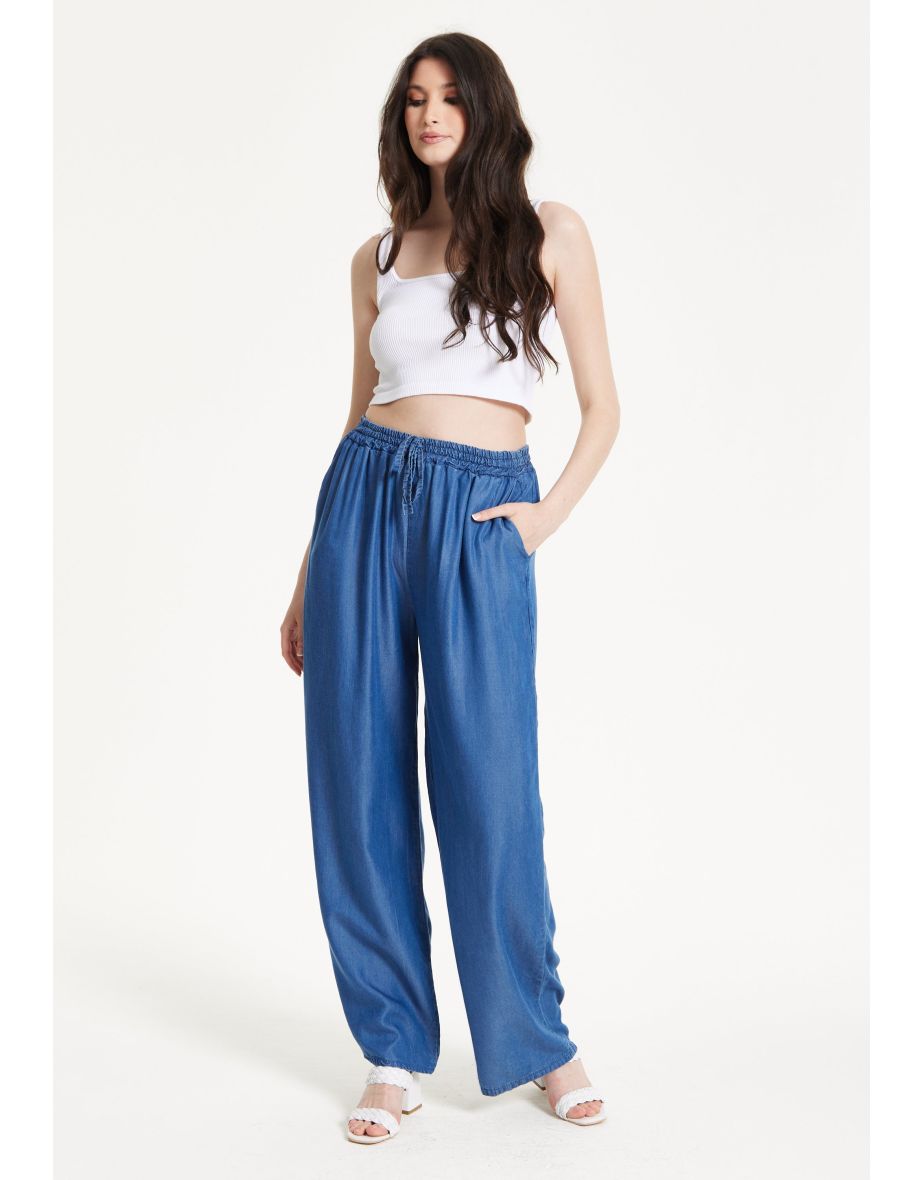 Blue Drawstring Wide Leg Trousers - 6