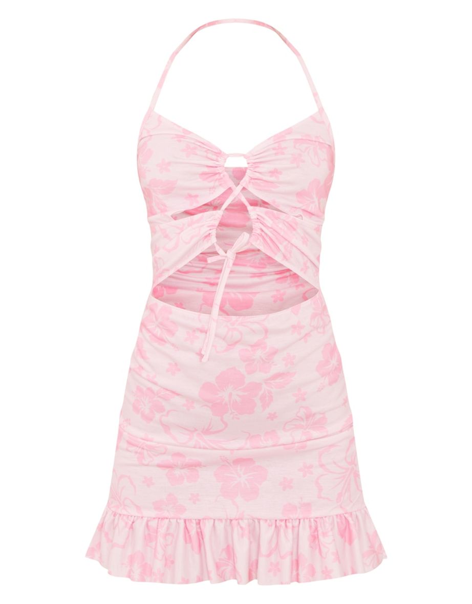 Pink Floral Print Cut Out Frill Hem Halterneck Shift Dress - 4