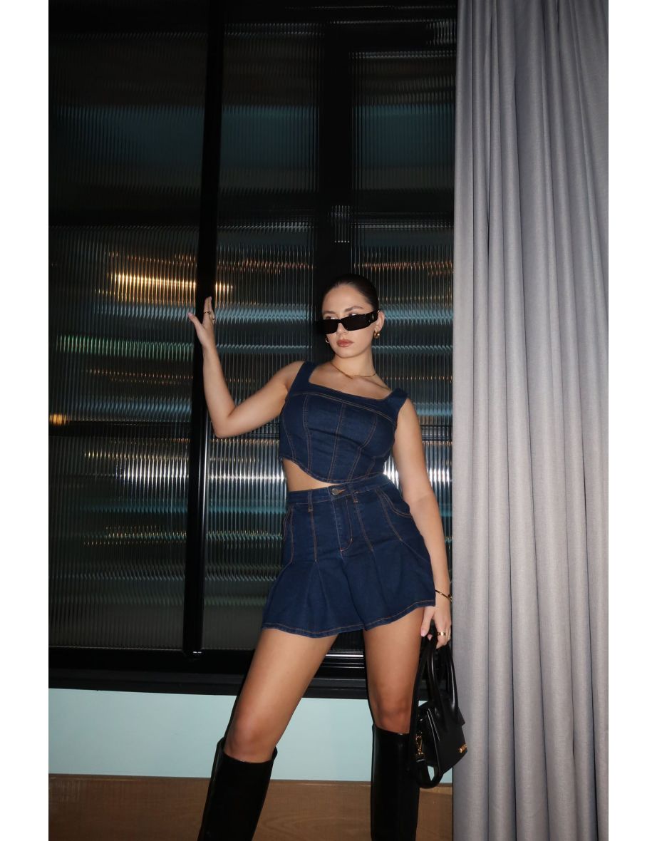Indigo Wash Pleated Mini-Skirt