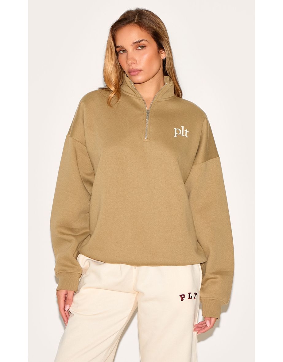 PRETTYLITTLETHING Olive Printed Quarter Zip Sweatshirt