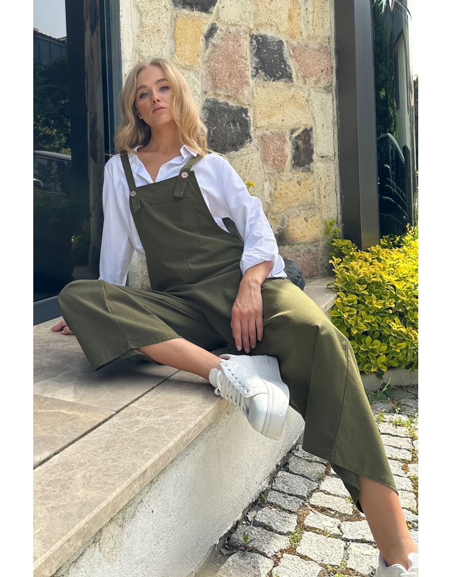 Women's Khaki Gabardine Gardener Jumpsuit with Pockets on the Front