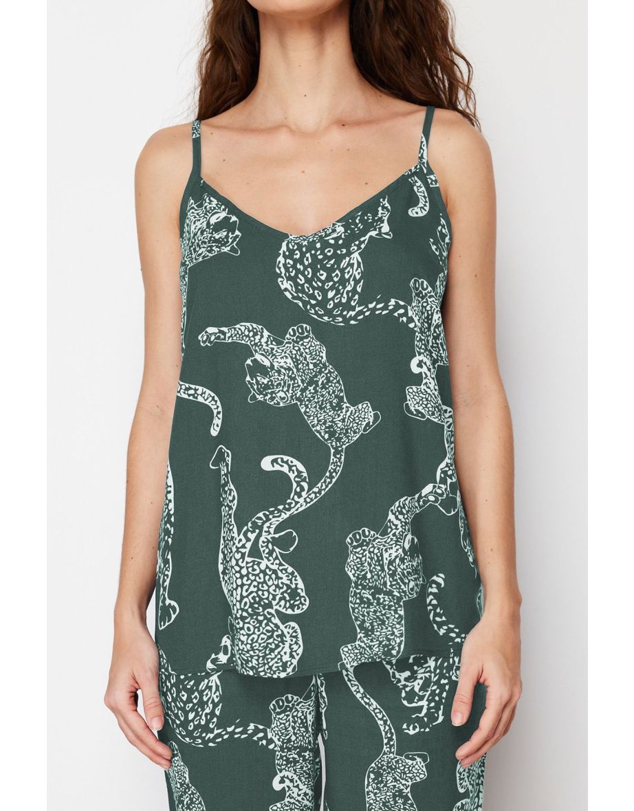 Green Tiger Patterned Rope Suspender Viscose Woven Pajama Set - 5