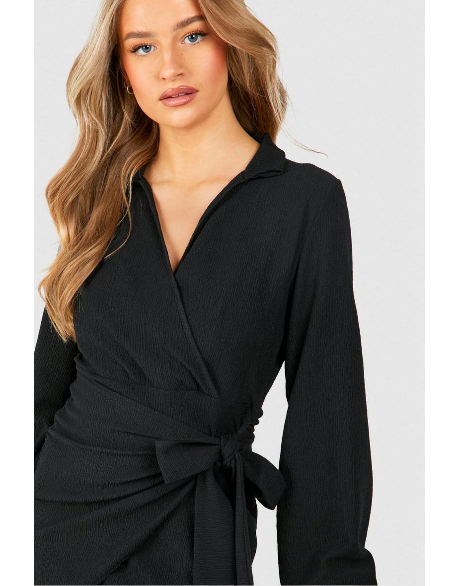 Textured Wrap Mini Shirt Dress - black - 3