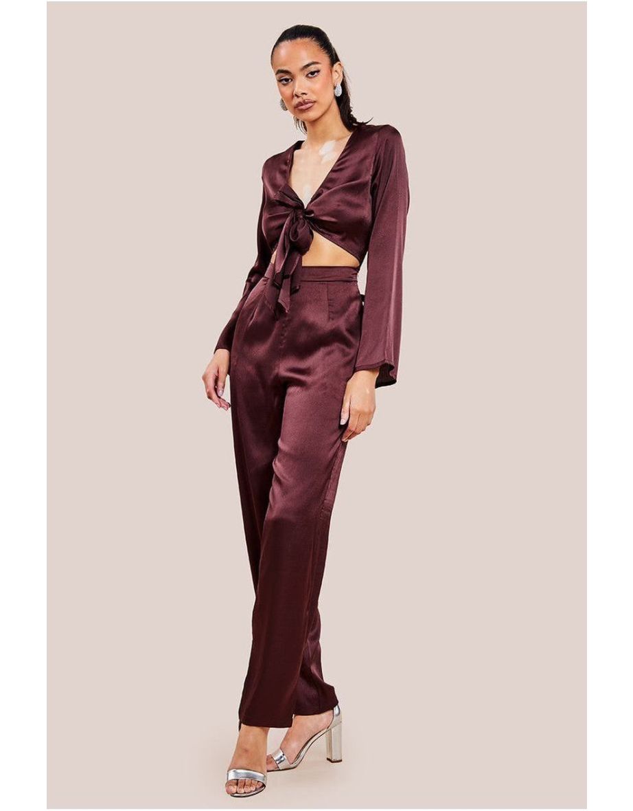 Goddiva Cut Out Satin Jumpsuit - Brown