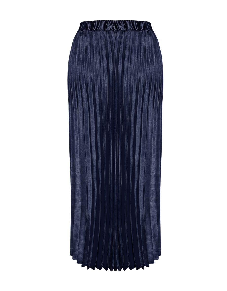 Navy Blue Pleated Satin Maxi Woven Skirt - 7