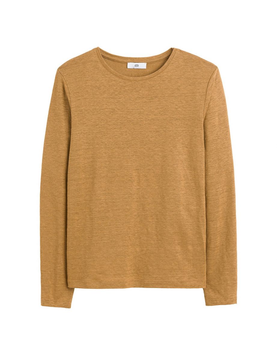 Linen Crew Neck T-Shirt with Long Sleeves