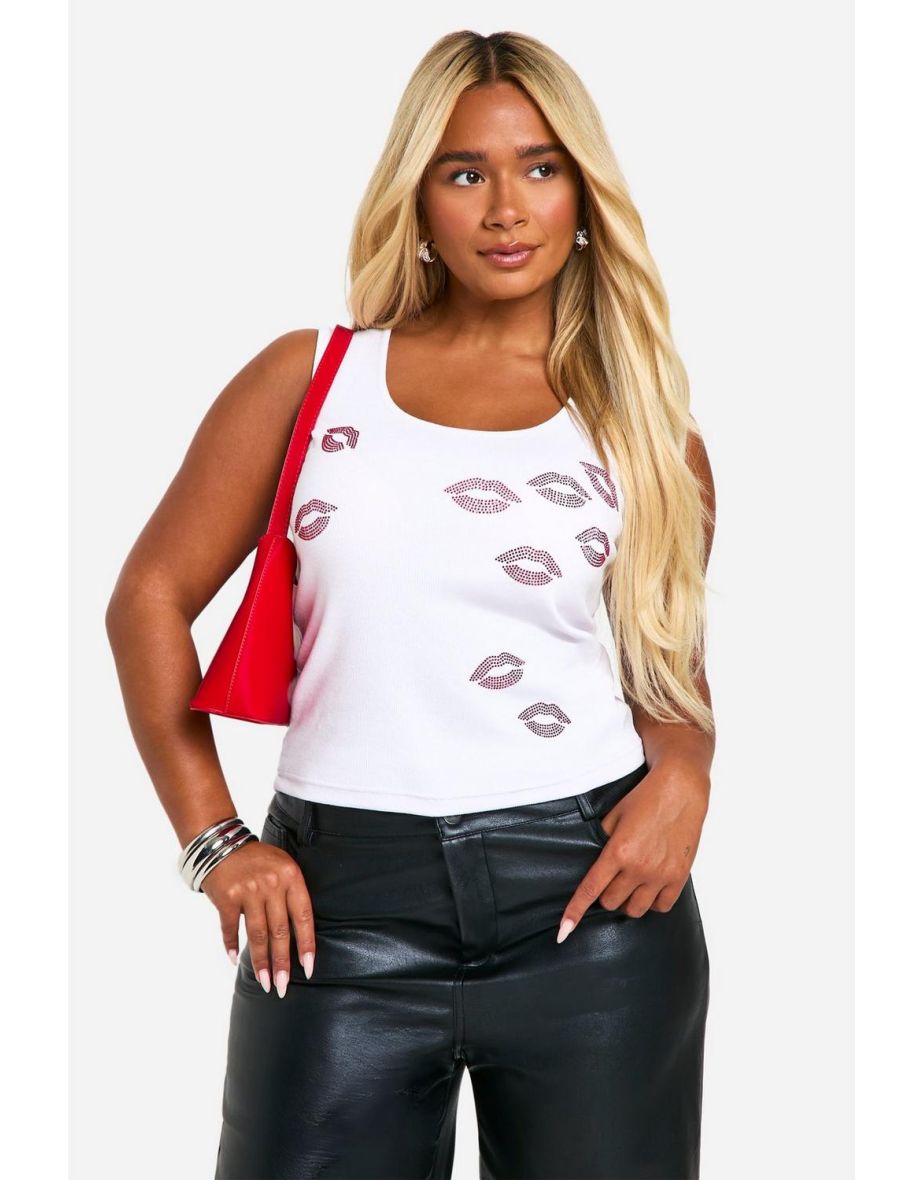 Shop Plus Rhinestone Kisses Rib Vest - white Online in Iraq