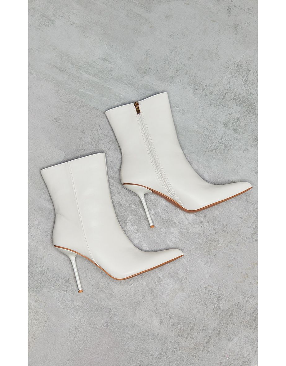 White Pu Point Toe Mid Heeled Ankle Boots - 3