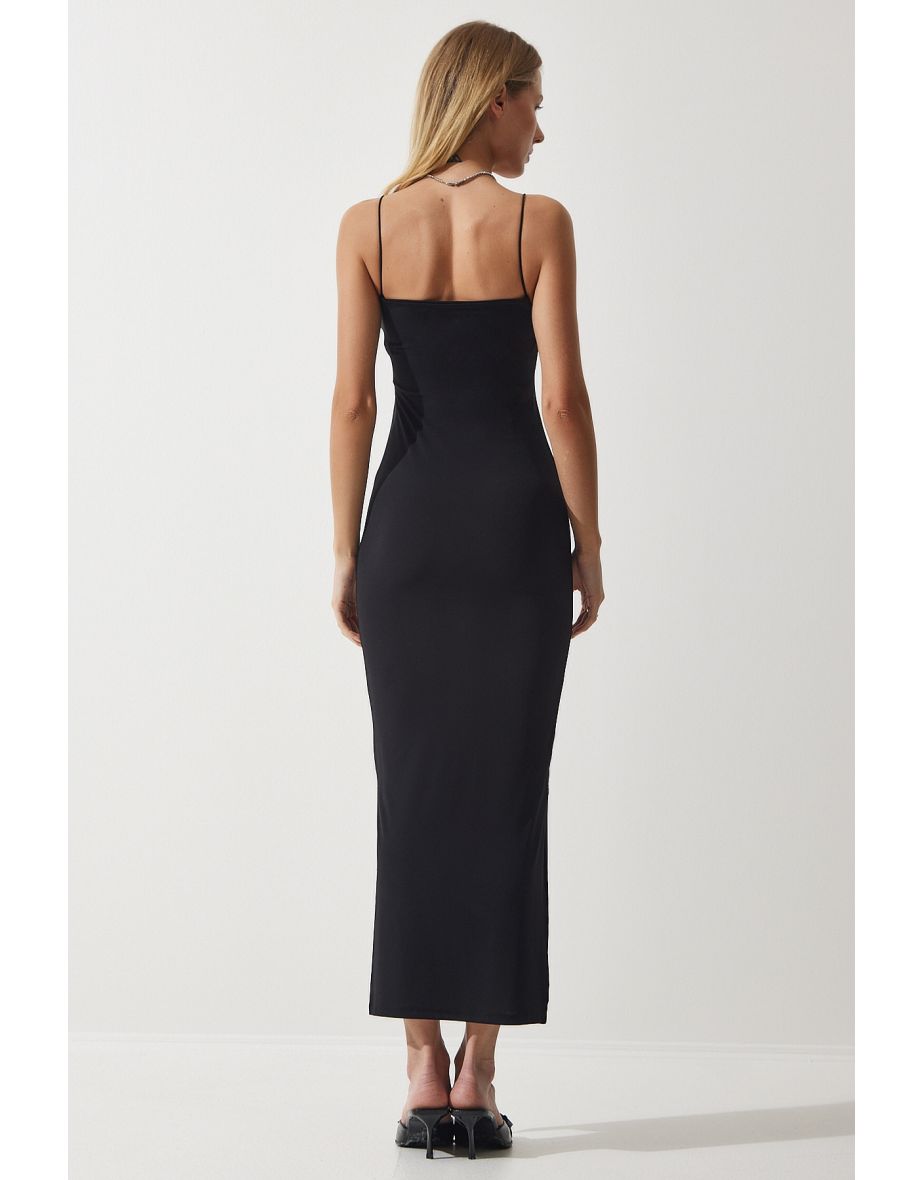 Women's Black String Strap Slit Wrap Sandy Dress - 4