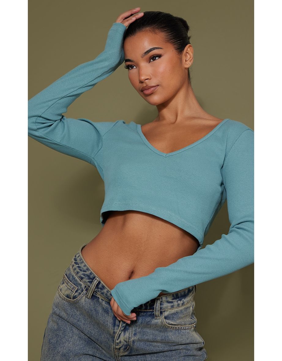 Teal Basic Rib V Neck Crop Top