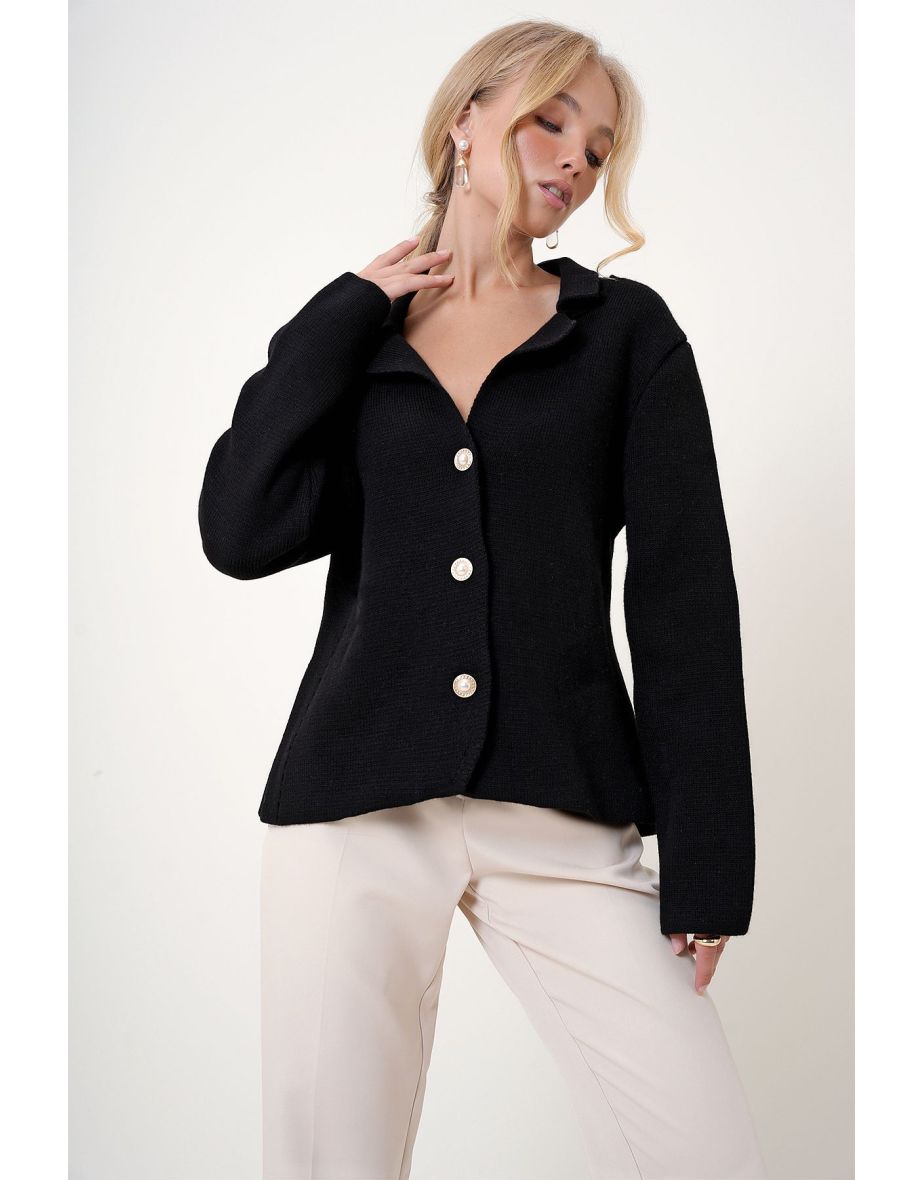 Women's Black Pearl Buttoned Stitch Detailed Woven Knitwear Jacket