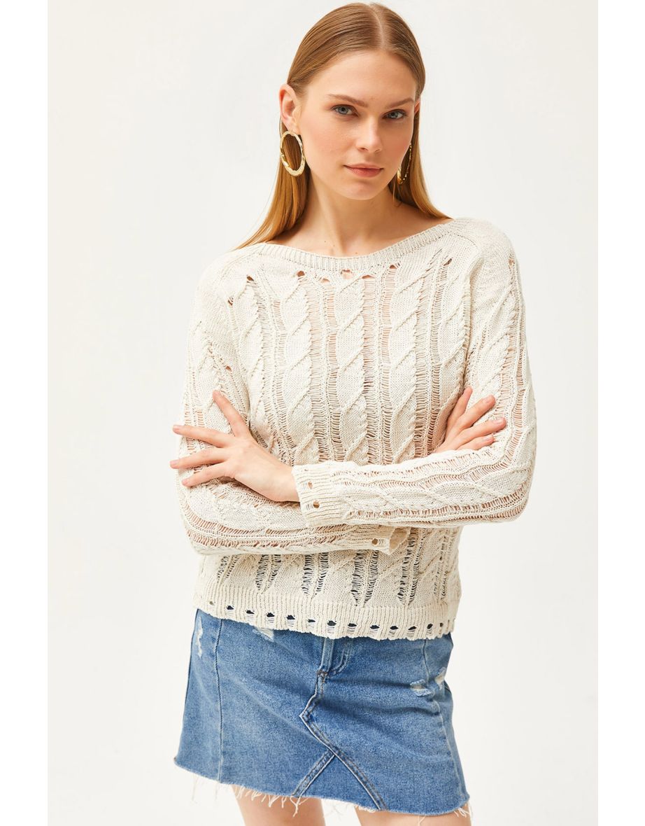 Women's Ecru Hair Knit Detail Seasonal Knitwear Blouse