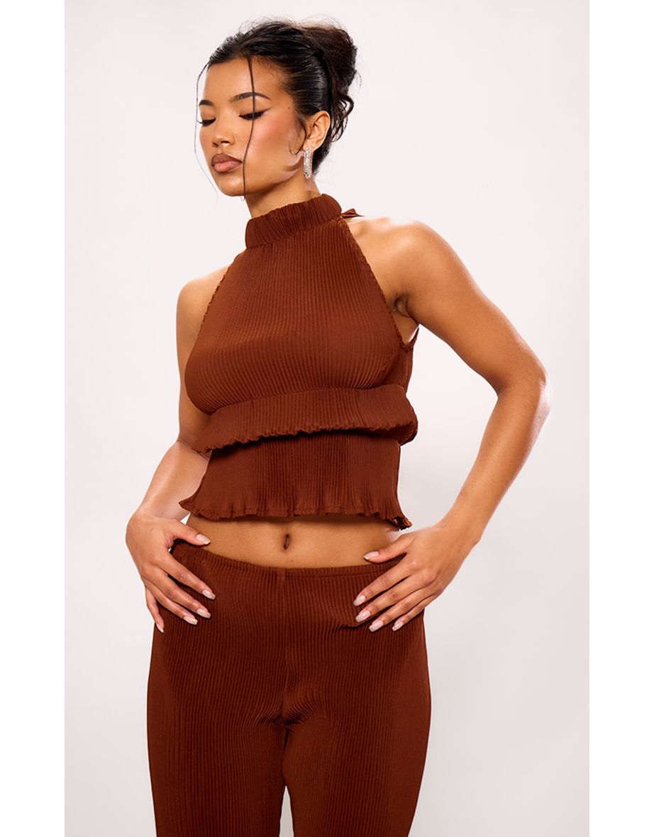 Chocolate Plisse Woven High Neck Backless Top