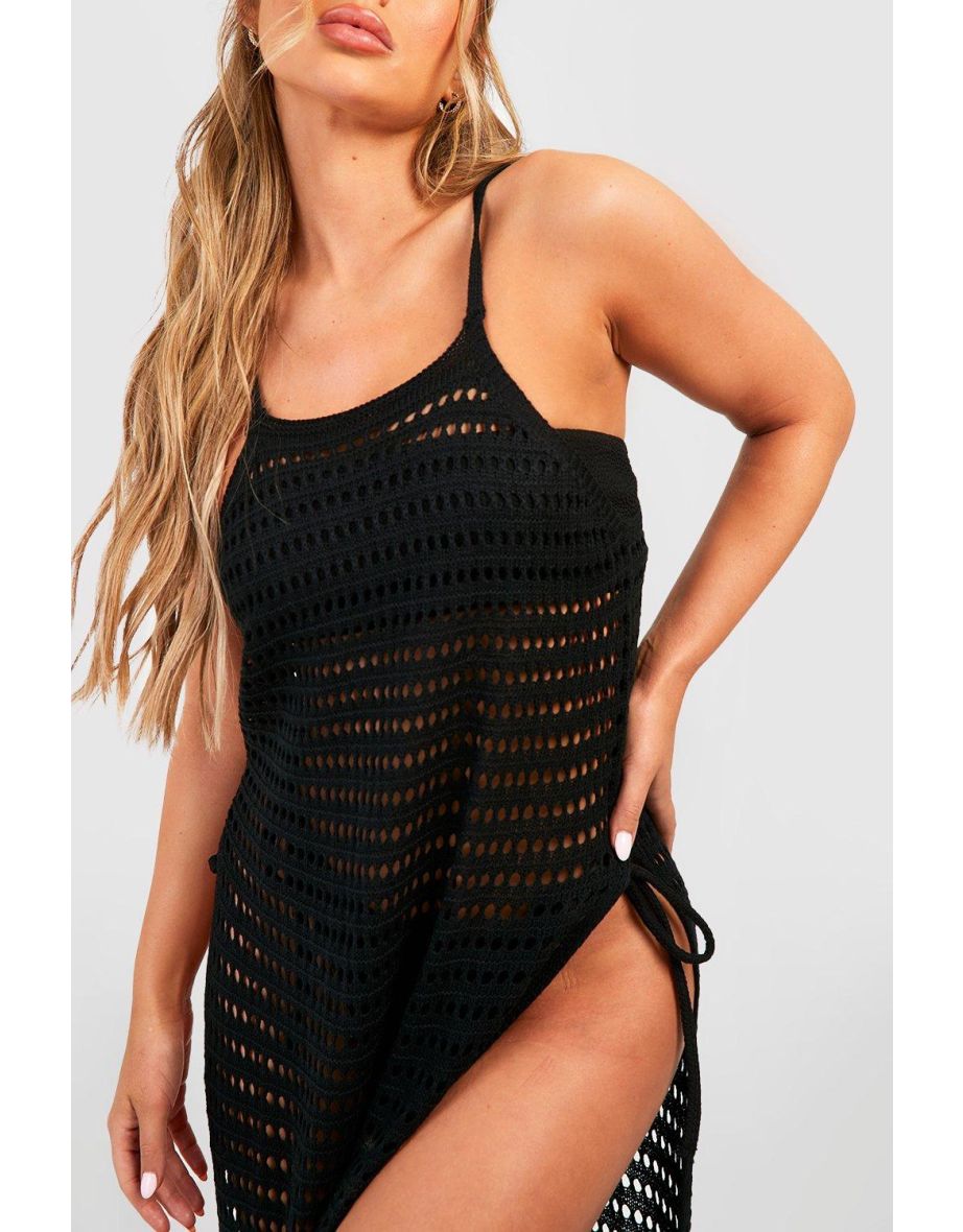 Crochet Split Sides Beach Maxi Dress - black - 3