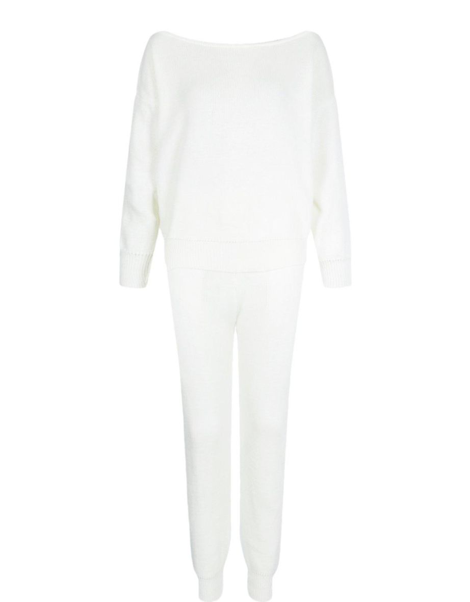 Slash Neck Knitted Tracksuit - ivory - 1