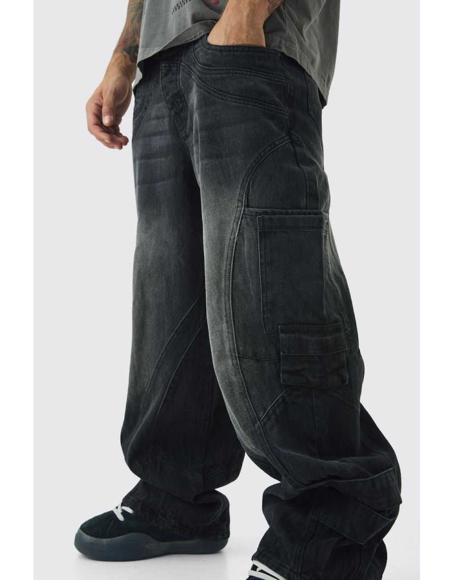 Baggy Fit Washed Buckle Strap Cargo Jeans - washed black - 2