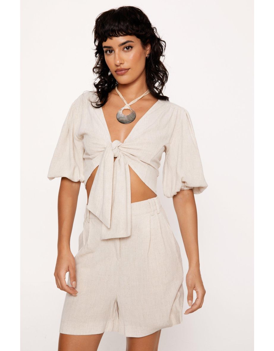 Linen Look Tie Front Top