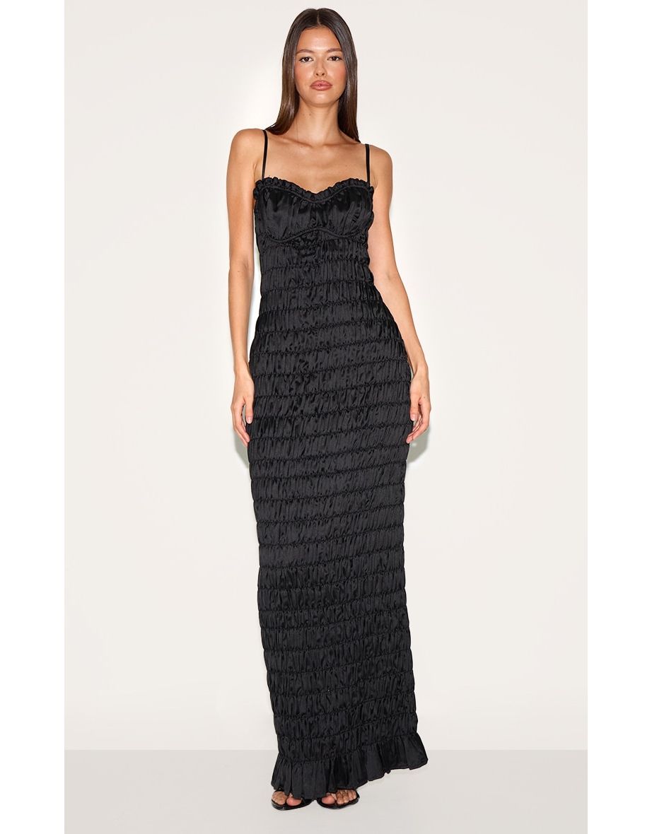 Black Satin Ruched Underwired Maxi Dress