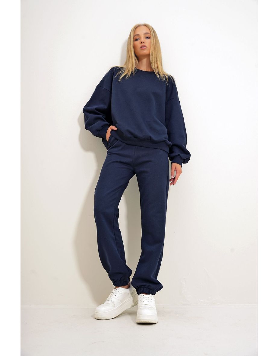 Women's Navy Blue Crew Neck Elastic Waist and Leg Two Yarn Basic Tracksuit
