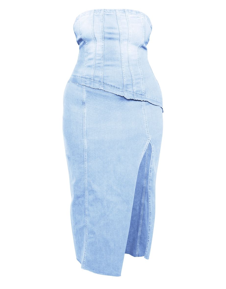 Prettylittlething Plus Strapless Denim Column Midaxi Dress - 4
