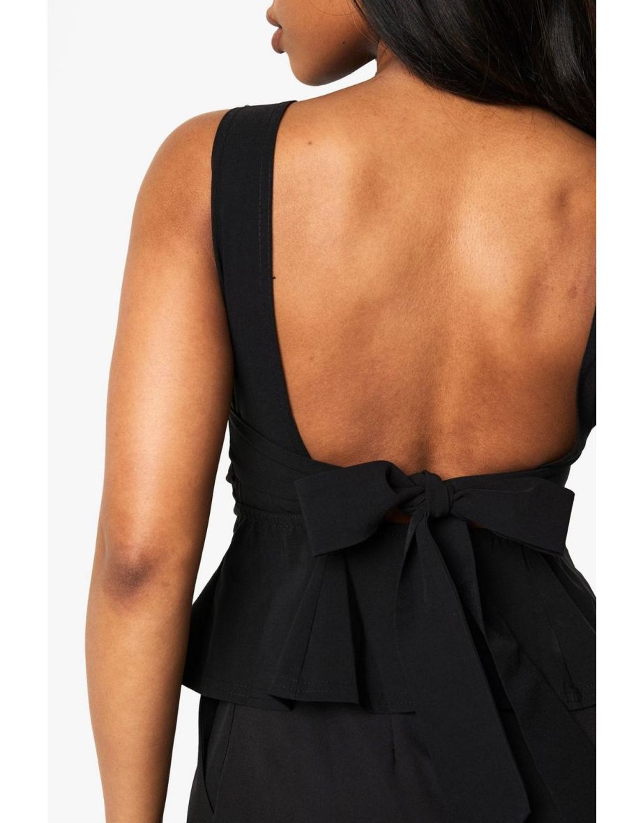 Bengaline Tied Open Back Peplum Top - black - 3