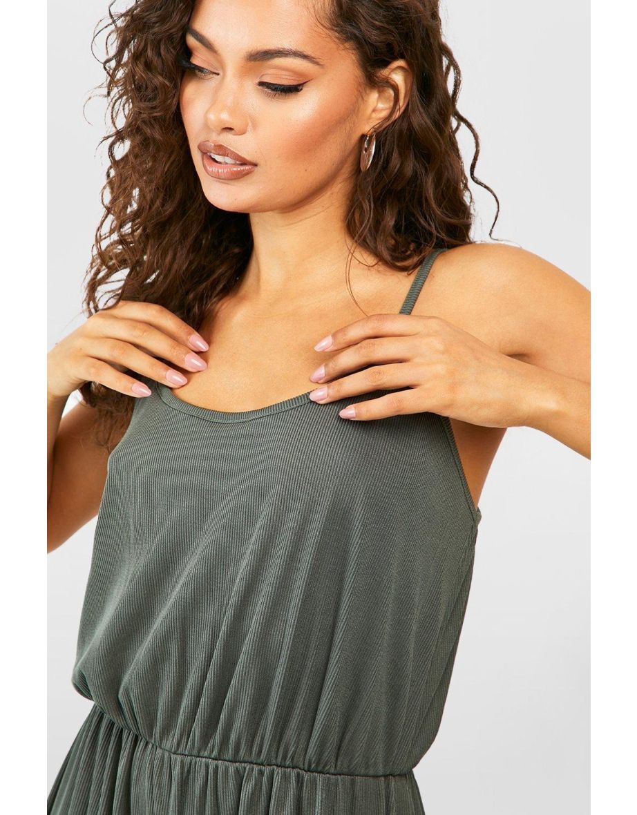 Ribbed Sleeveless Culotte Jumpsuit - khaki - 3