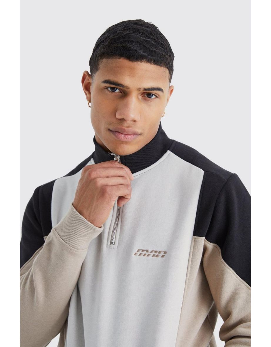 Man 1/4 Zip Funnel Neck Colour Block Tracksuit - taupe - 2