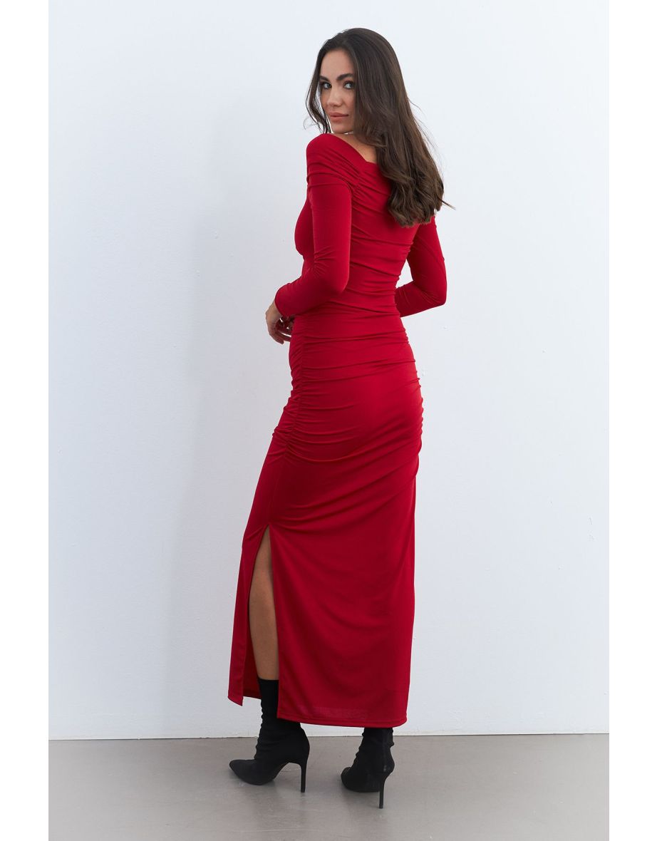 Women's Red Draped Maxi Christmas Dress - 3