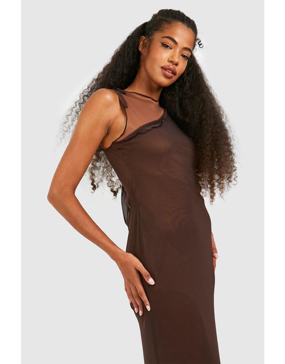 Mesh Overlay Maxi Dress - brown - 3