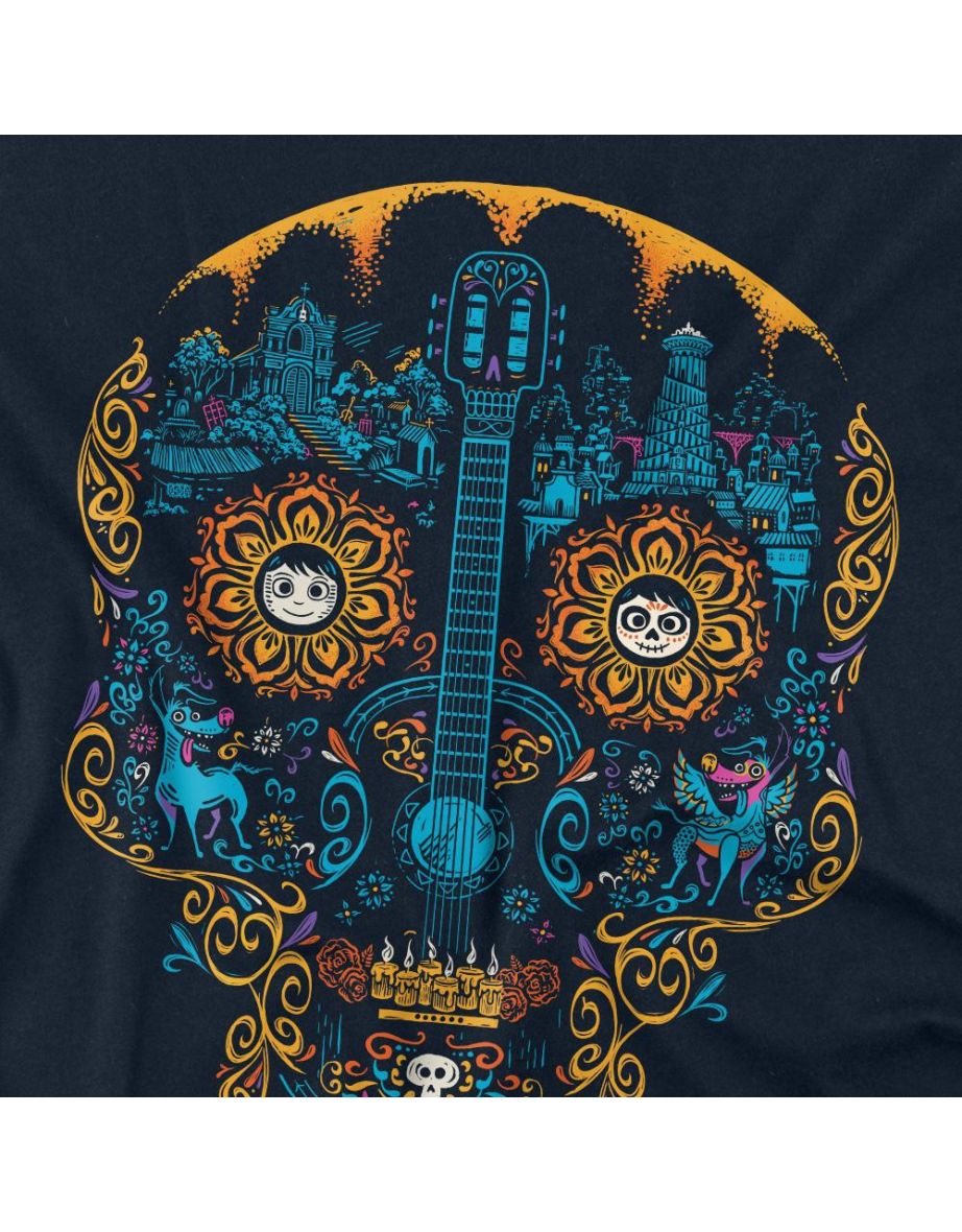 Coco  Adult Day Of The Dead Miguel Dante Colourful Skull T-Shirt - Navy - 2