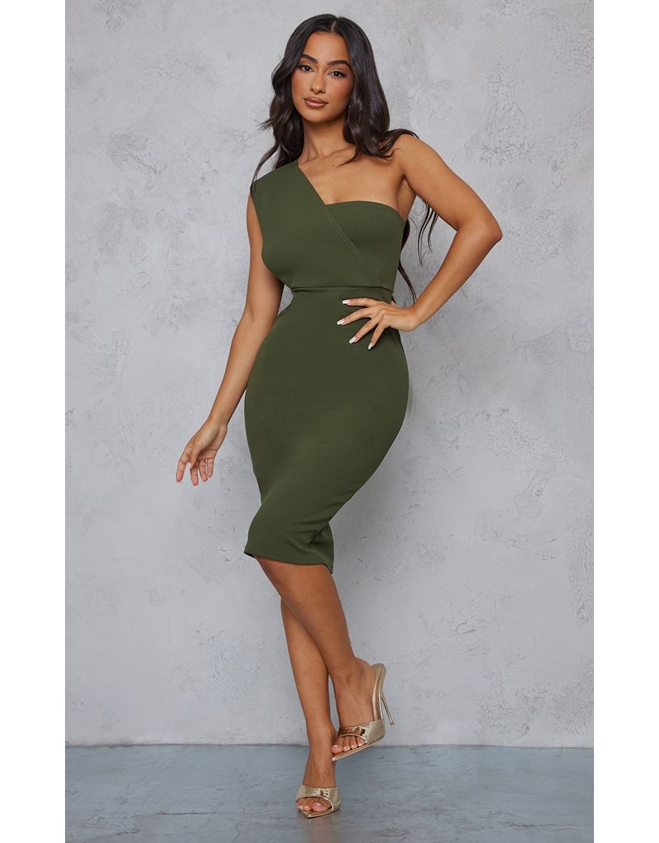 Petite Khaki One Shoulder Drape Midi Dress