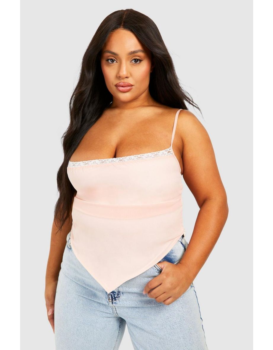 Plus Lace Insert Asymmetric Hem Cami Top
