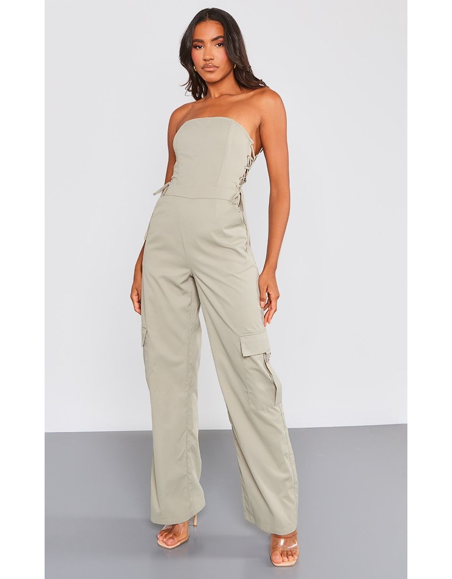 Shop Khaki Lace Up Bandeau Cargo Pocket Detailed Jumpsuit Online in Oman VogaCloset